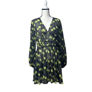 Topshop Floral Ruched Long Sleeve Dress In Medium Green, Sz. M (8-10)